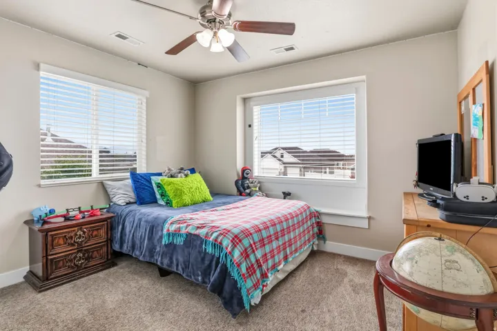 Neutral wall paint, ceiling fan with integrated lighting, two windows with blinds, and carpeted flooring