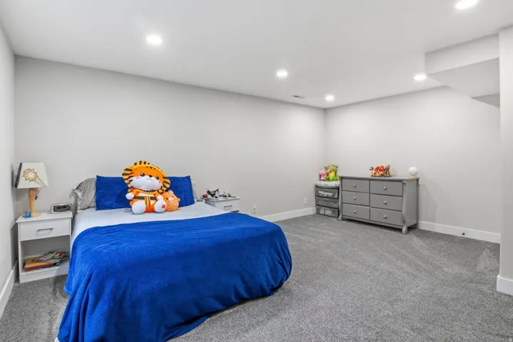 Recessed ceiling lighting with a neutral wall color, plush carpet flooring, and white baseboards