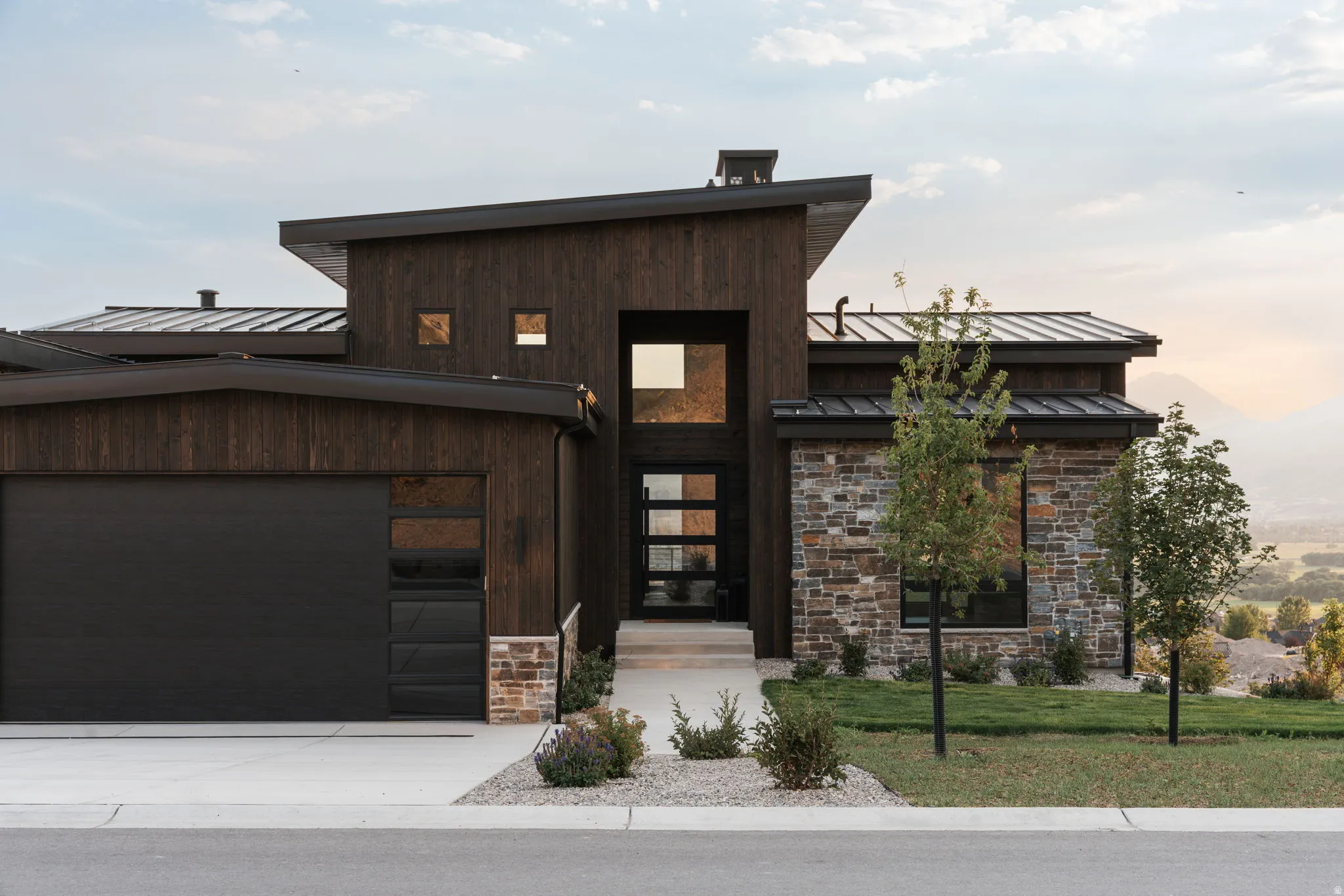 Modern exterior featuring dark wood-finish siding, stone accents, a multi-pane glass entry door, a dark garage door with horizontal windows, and a concrete driveway