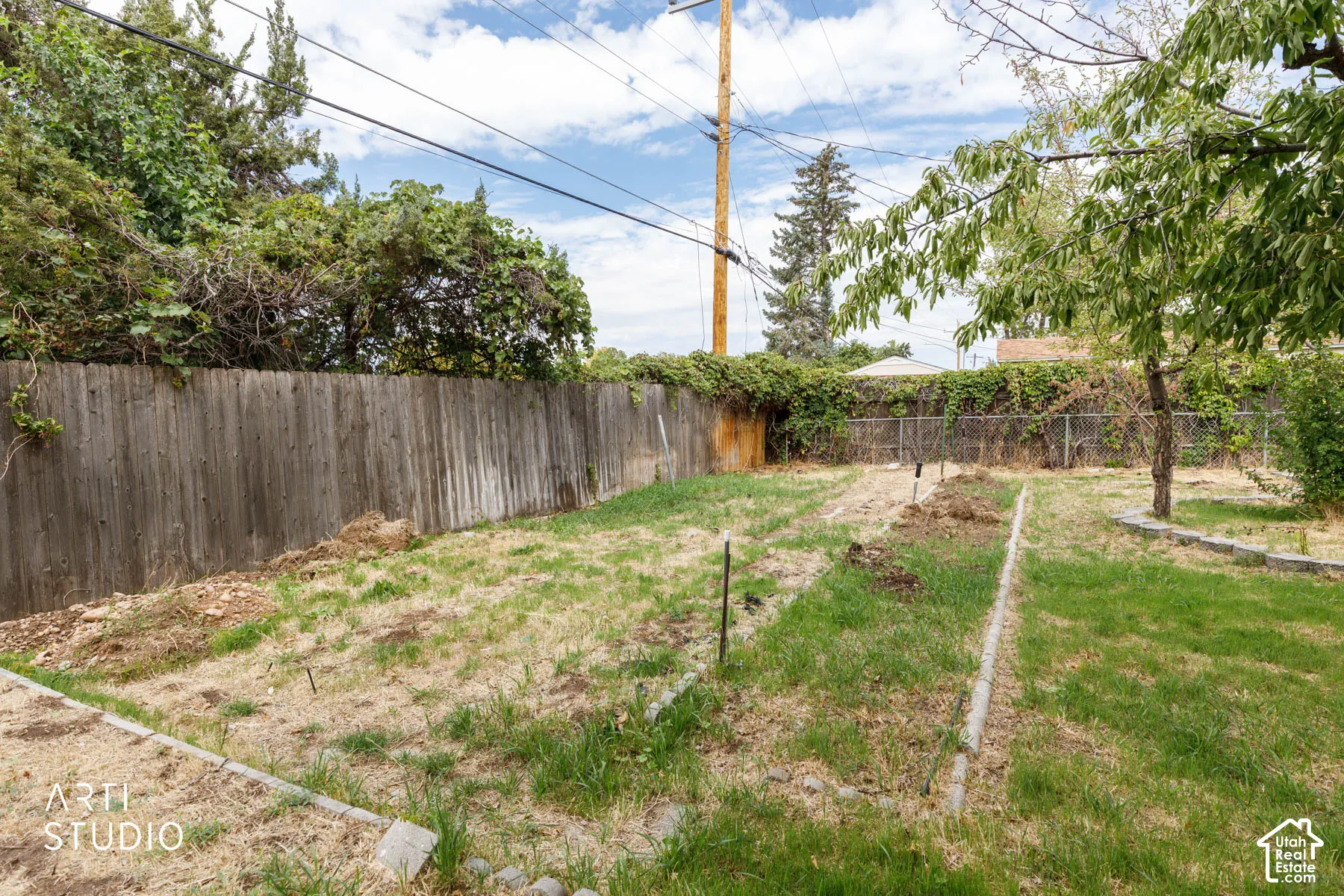 Expansive yard space featuring a wooden privacy fence and mature perimeter foliage