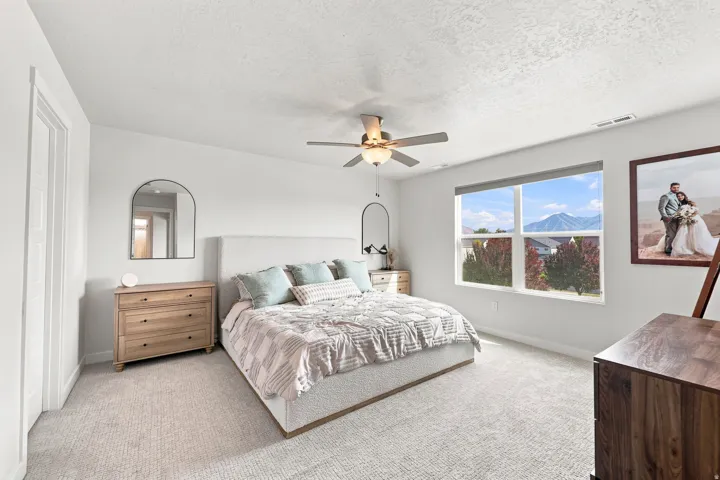 Carpeted flooring with abundant natural light, a ceiling fan, and a neutral color palette