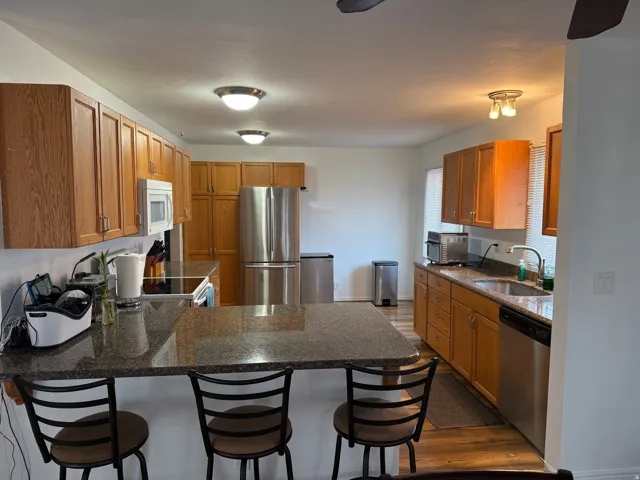 Kitchen featuring wood cabinetry, stainless steel appliances, speckled countertops, and ceiling-mounted lighting