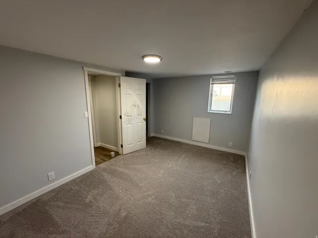 Neutral gray walls with white trim, gray carpet, a single window, and an overhead flush-mount light fixture