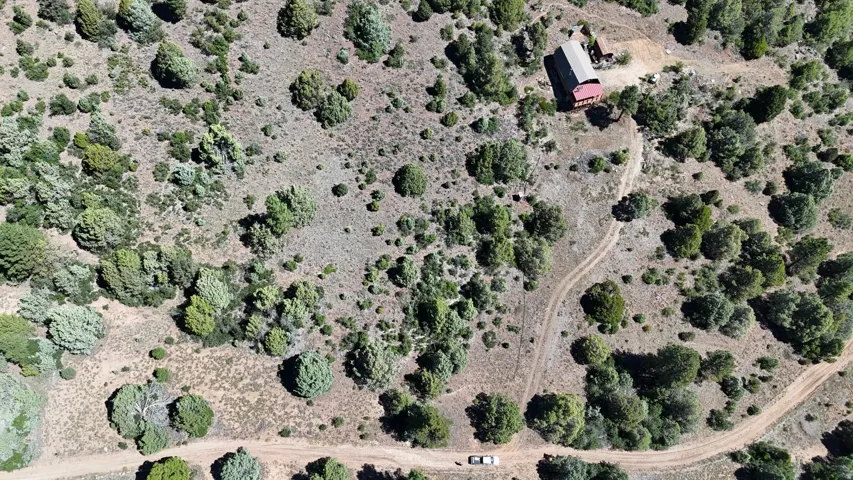 Aerial property featuring a single-story structure with a grey roof, extensive natural landscaping, and a meandering unpaved road