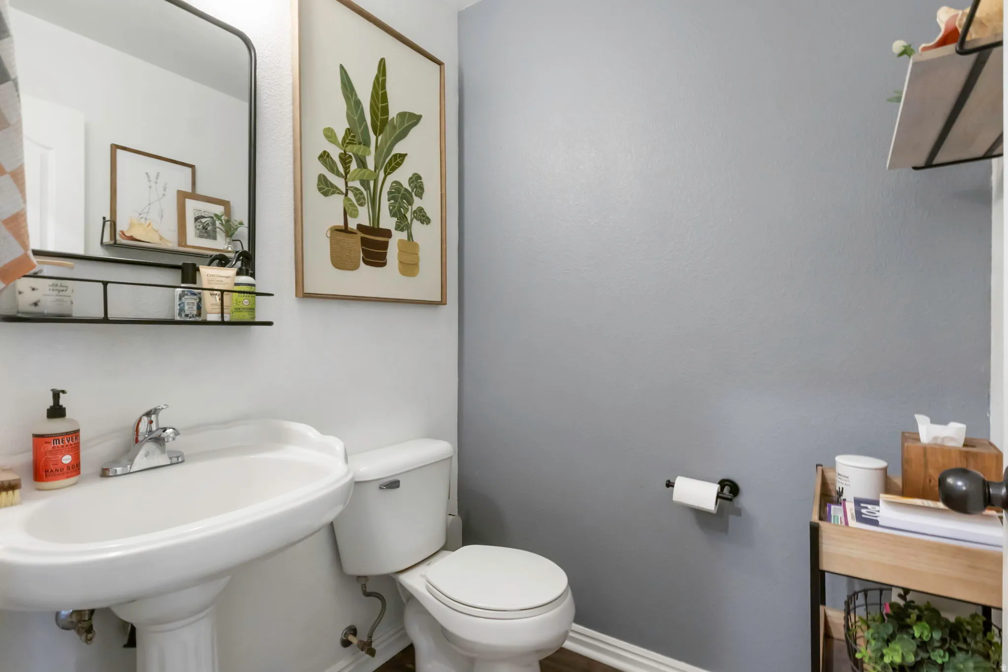 Half bath pedestal sink with chrome faucet, wall-mounted mirror with integrated shelving, and wood-finish flooring