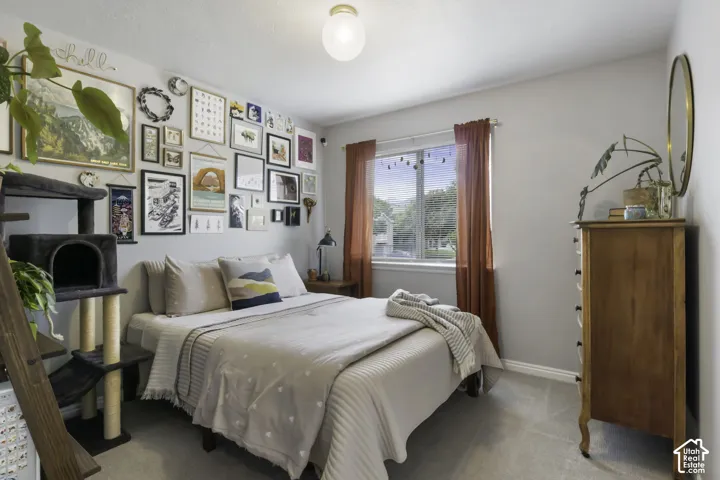 Neutral-toned walls complement light-toned carpeting and a large window