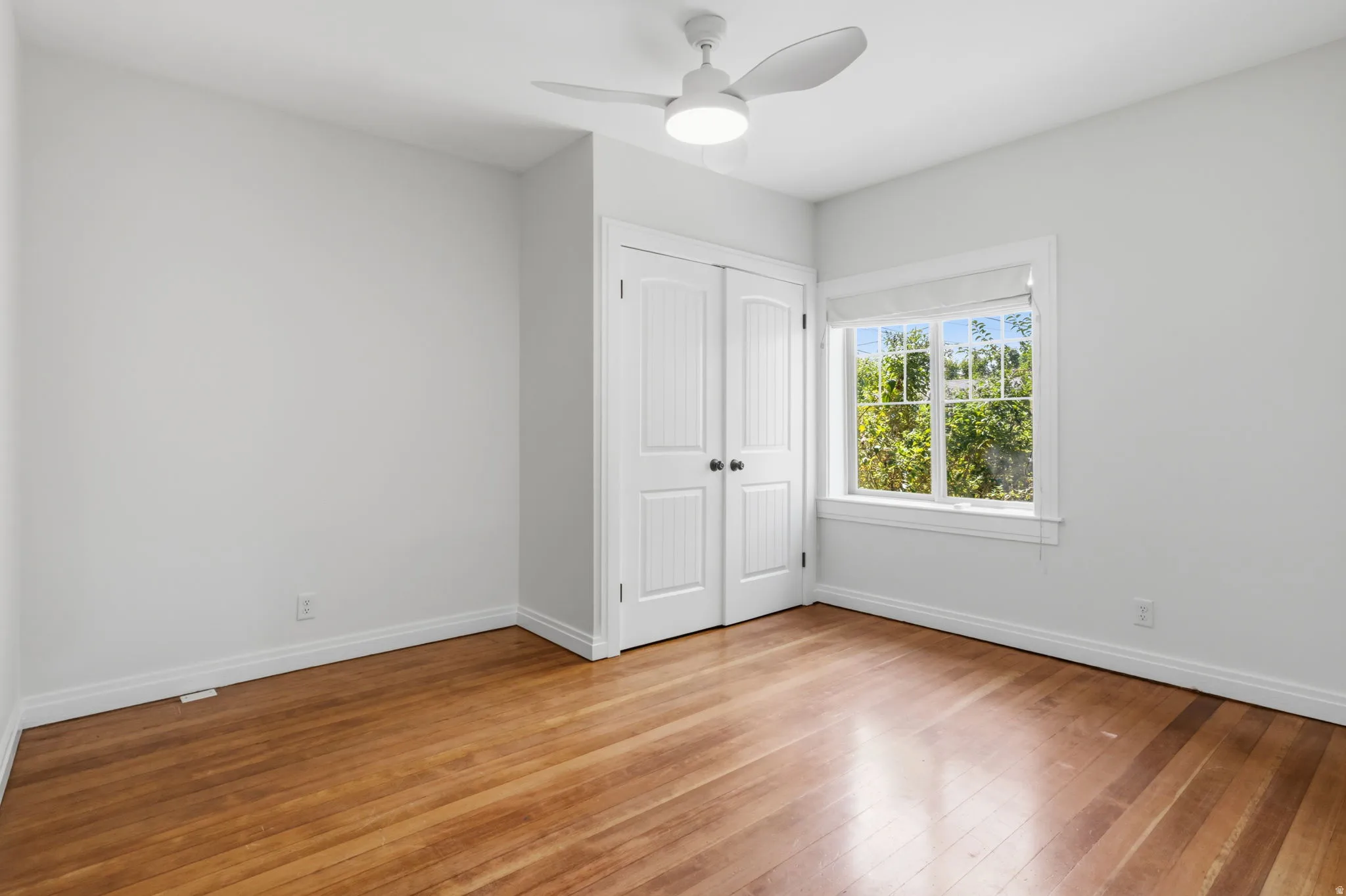 Bedroom 1 Wood-finish flooring with white baseboards