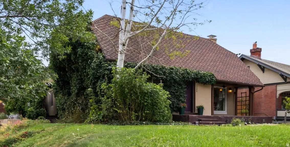 Pitched shingle roof, exterior covered in extensive greenery, covered front porch, and mature trees on a grassy lot