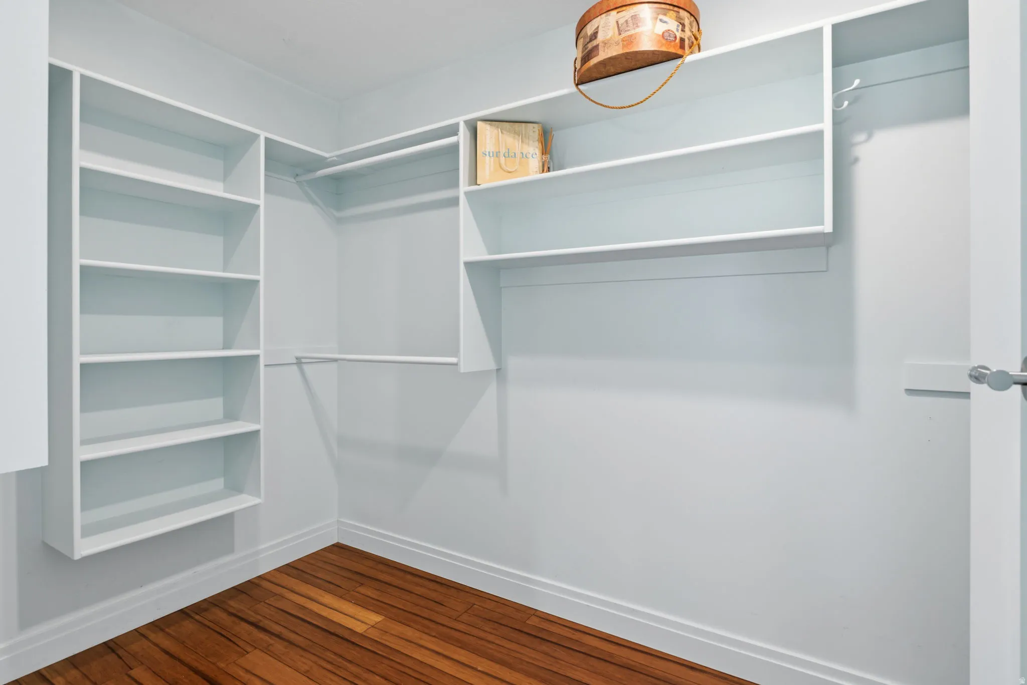 Primary suite Built-in shelving, multiple hanging rods, corner shelving unit, wood-finish flooring, and white painted walls