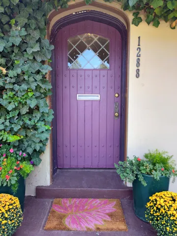 Original 1926 Arch top door with leaded glass insert, a brass mail slot, and coordinating hardware