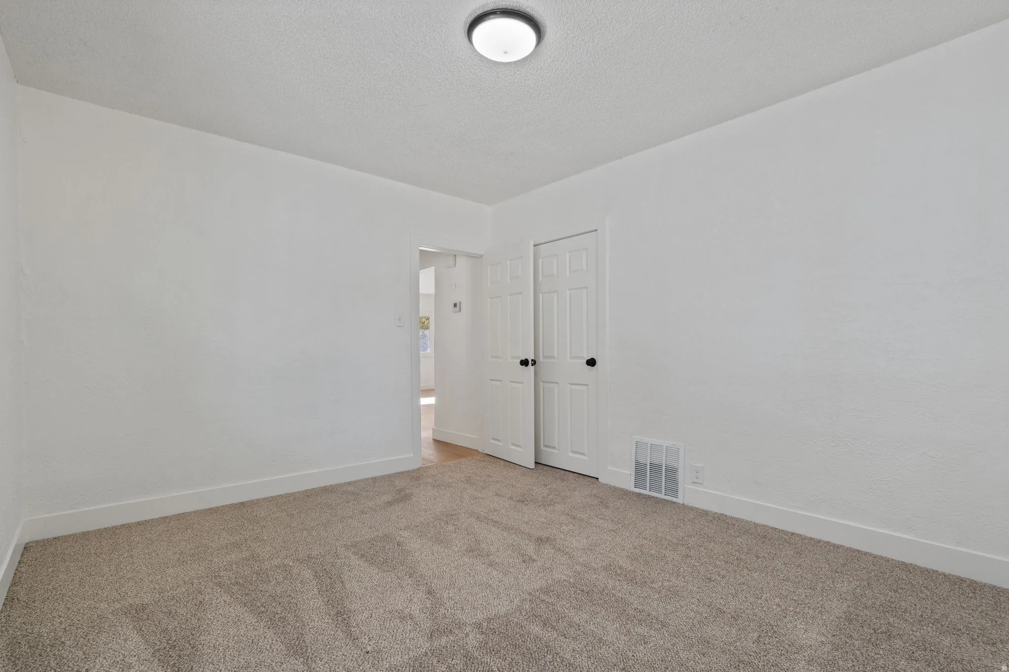 Neutral-toned carpet flooring, white painted walls, and a flush-mount ceiling light fixture