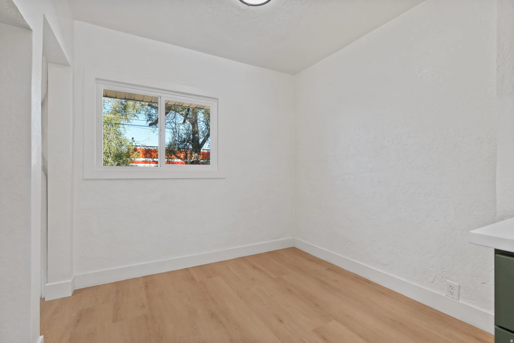White walls, wood-finish flooring, and white trim
