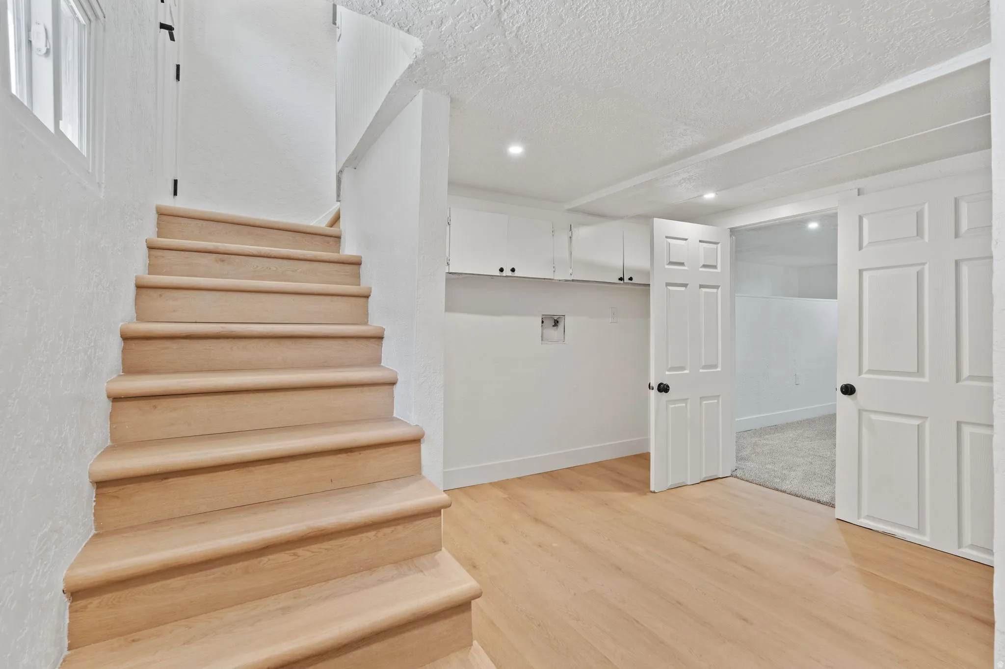 Wide plank wood-finish flooring, recessed lighting, white paneled doors, and built-in white cabinetry