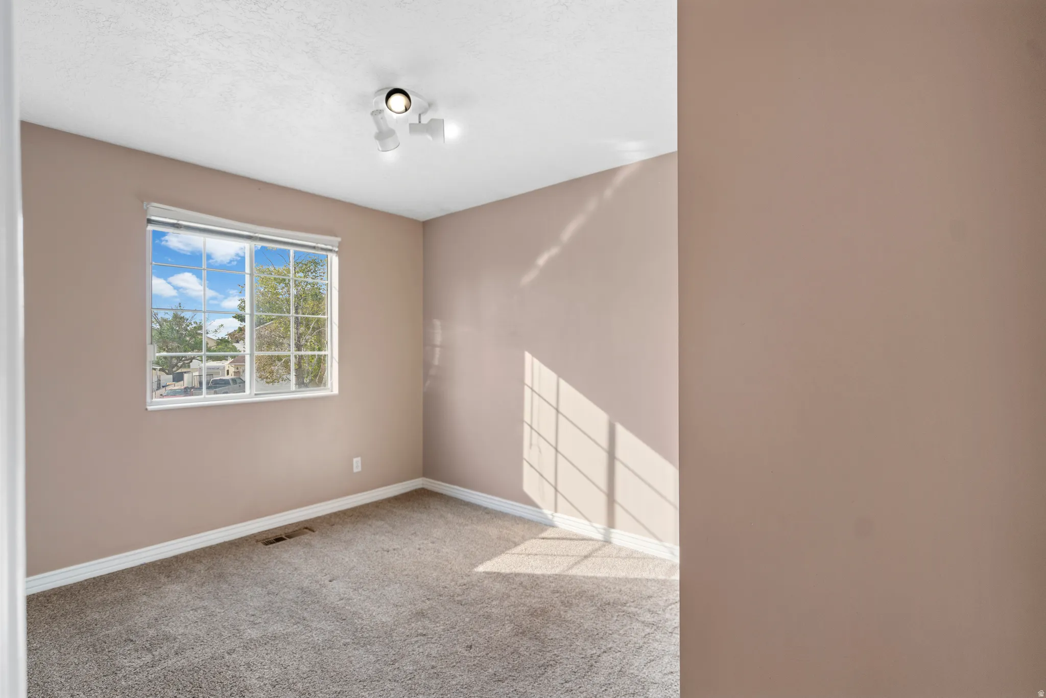 Wall-to-wall carpeting with light-toned walls