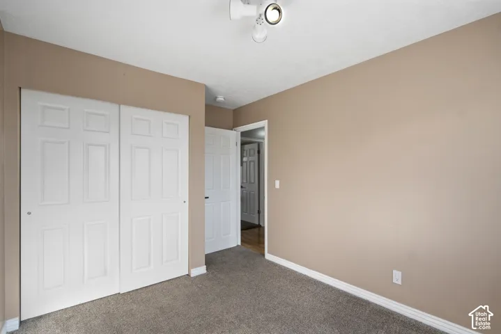 Neutral wall tones with white trim, track lighting, and carpet flooring
