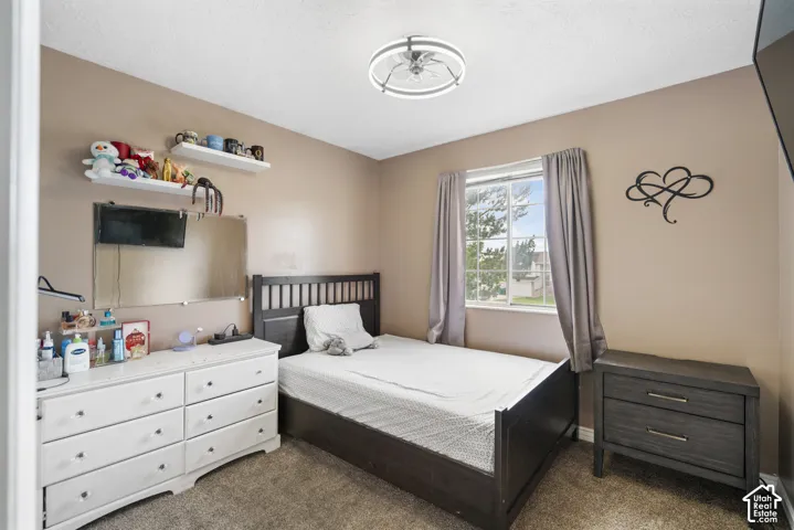 Window with natural light, wall-to-wall carpeting, and a ceiling fan with integrated lighting