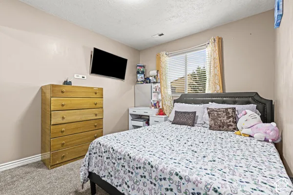 Recessed window with blinds, mounted television, and carpeted flooring