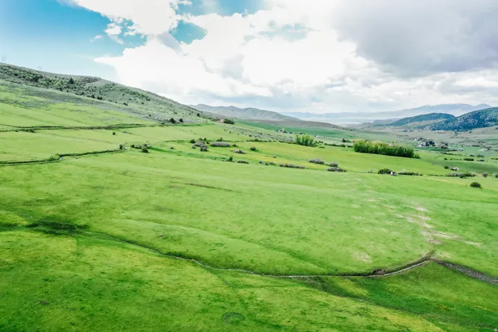 Expansive green landscape featuring rolling hills, distant mountains, and a clear sky with clouds