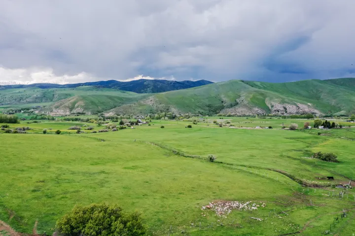 Expansive green fields with rolling hills and distant mountains