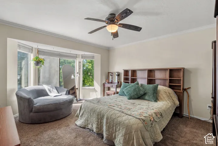 Bay window with multiple panels, wood-finish ceiling fan with integrated lighting, crown molding, and built-in shelving headboard