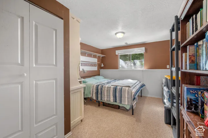 Room featuring neutral-toned carpet, a window with natural light, and a built-in shelving unit