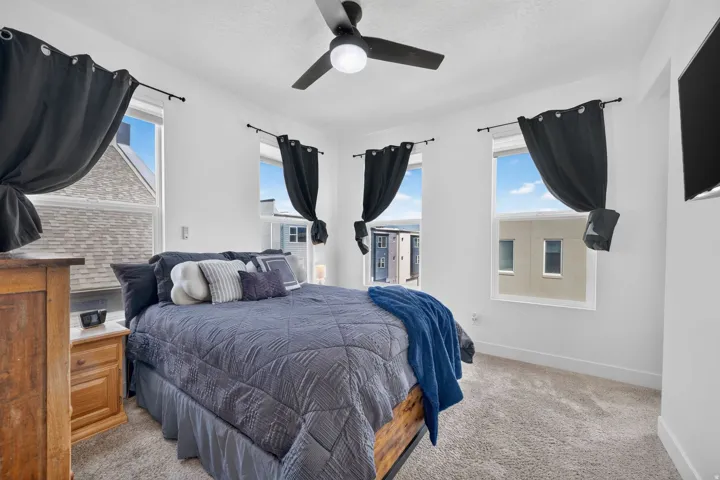 Primary bedroom with ample windows providing natural illumination, ceiling fan, and carpeted flooring