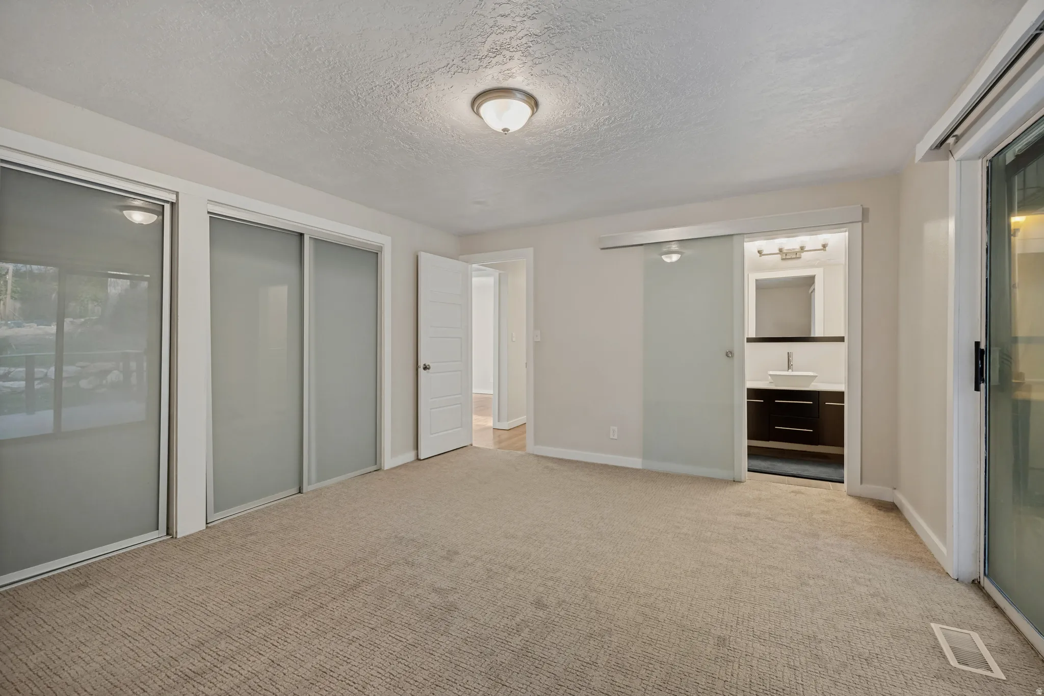 Neutral-toned carpet flooring, a barn door style glass panel, a built-in vanity with a vessel sink, and sliding glass closet doors