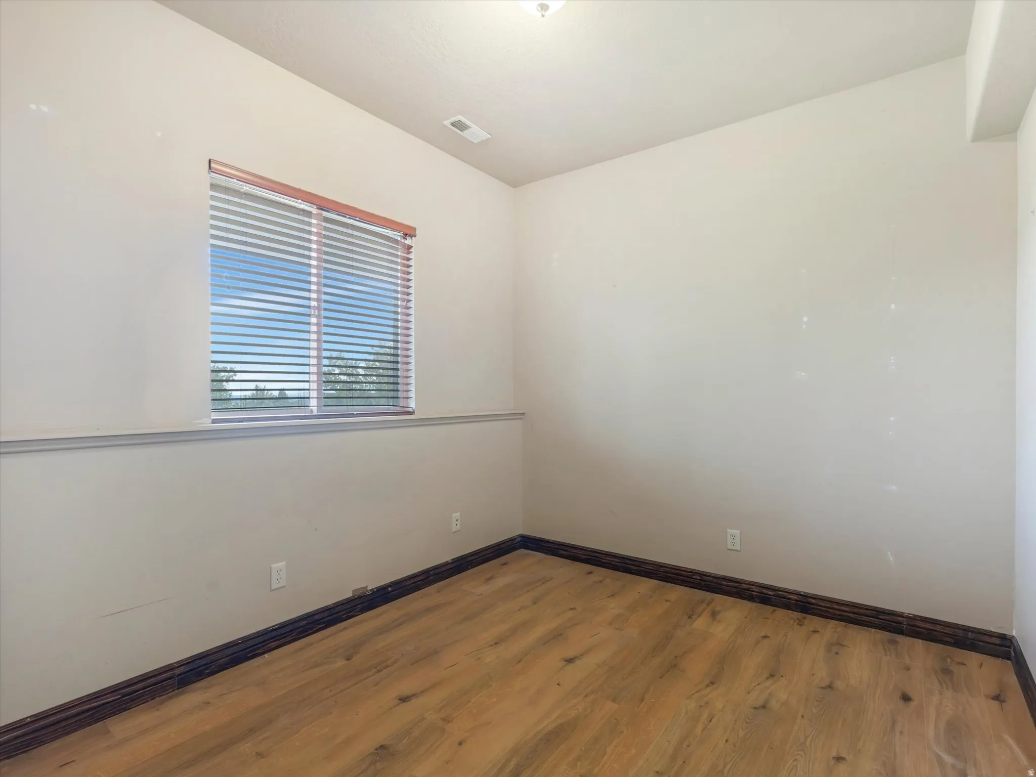 Basement Bedroom 3 - Wood-finish flooring, single window with blinds, and neutral wall tones