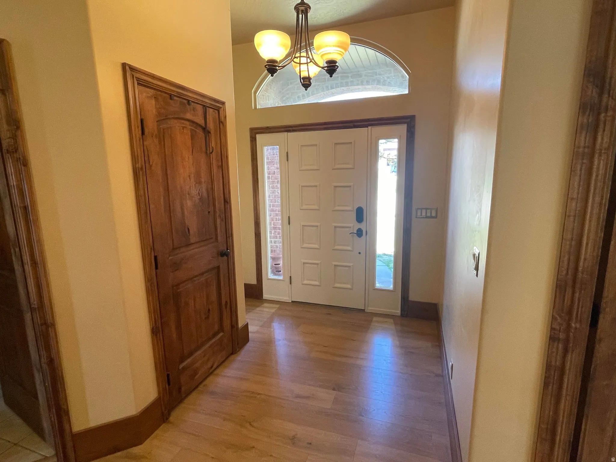 Wood-finish flooring, recessed wood-paneled door, arched transom window, and a white paneled entry door with sidelights