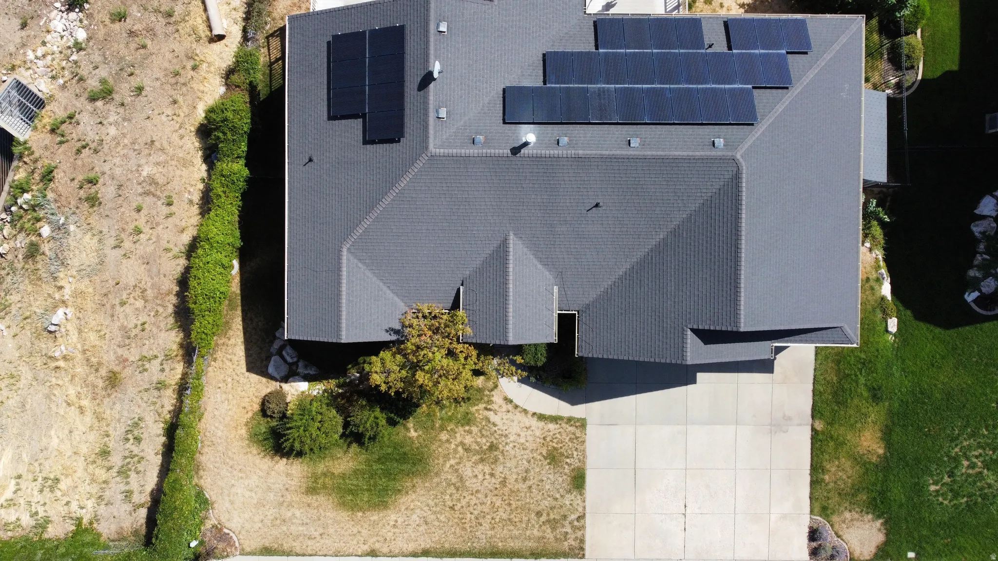 Birdseye view of front yard, neighboring vacant land, and solar panels.