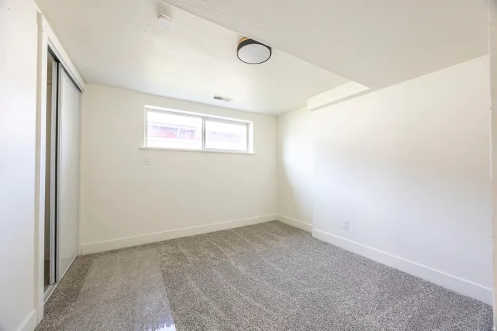 Neutral wall paint, carpet flooring, dual-pane window, flush-mount ceiling light, and sliding closet doors