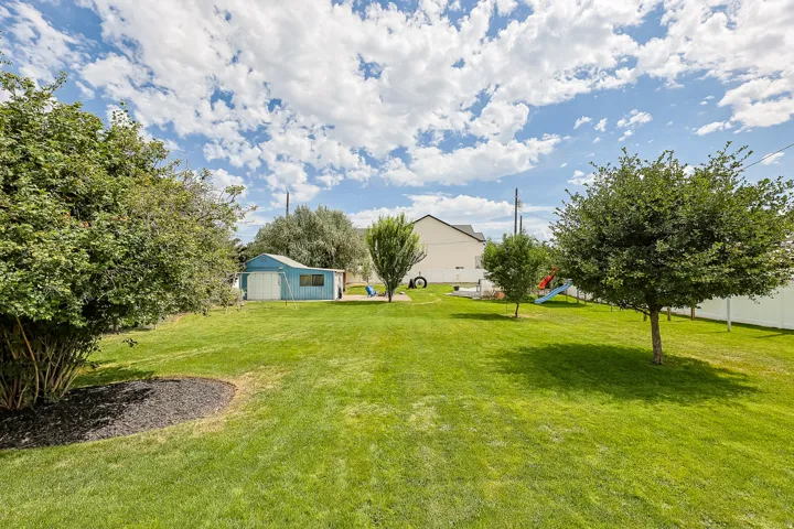 The large, well-maintained backyard features an expansive lawn, mature trees, and plenty of open space for outdoor activities.