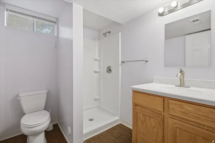 Full bathroom with a walk-in shower, wood-finish flooring, single vanity with integrated sink, chrome fixtures, and upper transom window