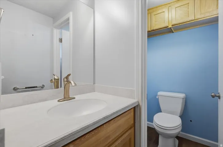 Vanity with a single basin, brushed nickel faucet, and integrated countertop