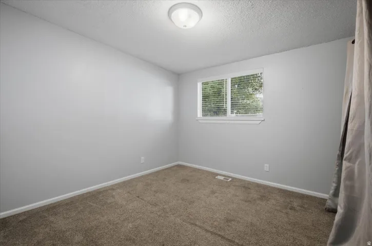 Neutral wall color, carpeted flooring, window with blinds, overhead light fixture