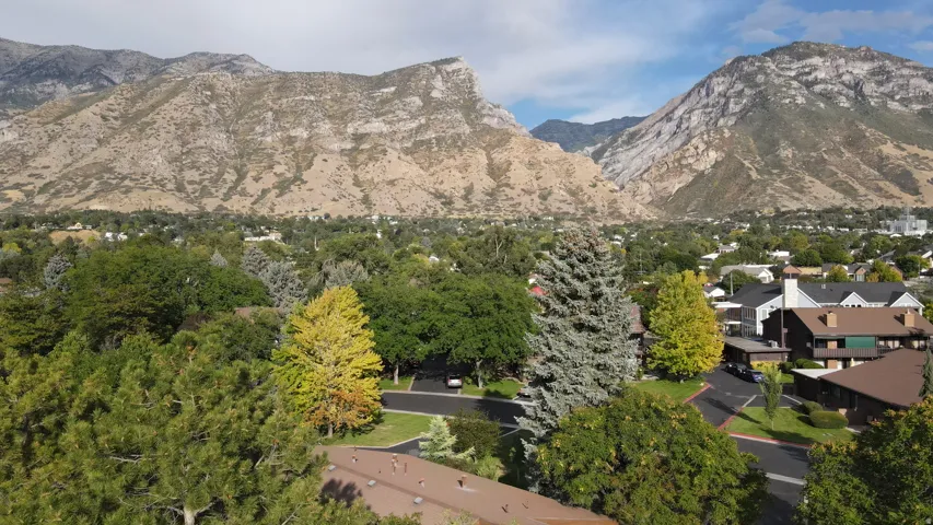 Mountain backdrop, surrounding trees, residential structures, paved roadways, and green spaces