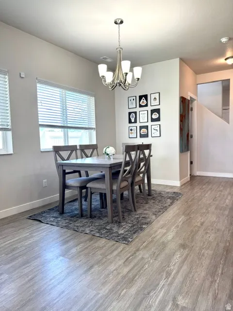 Dining area with large windows facing east