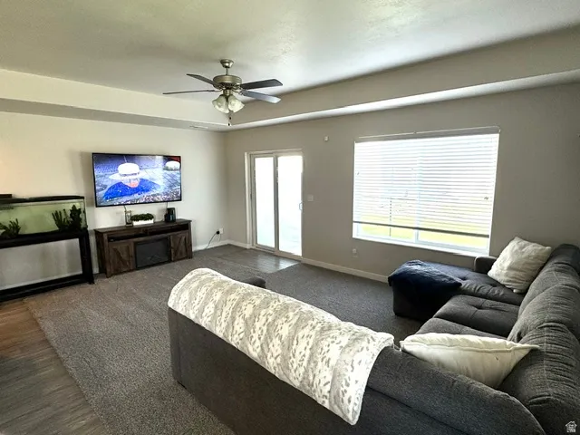 Living room with large window facing north