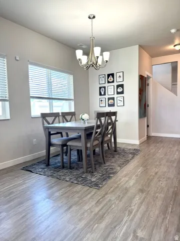 Dining area with large windows facing east