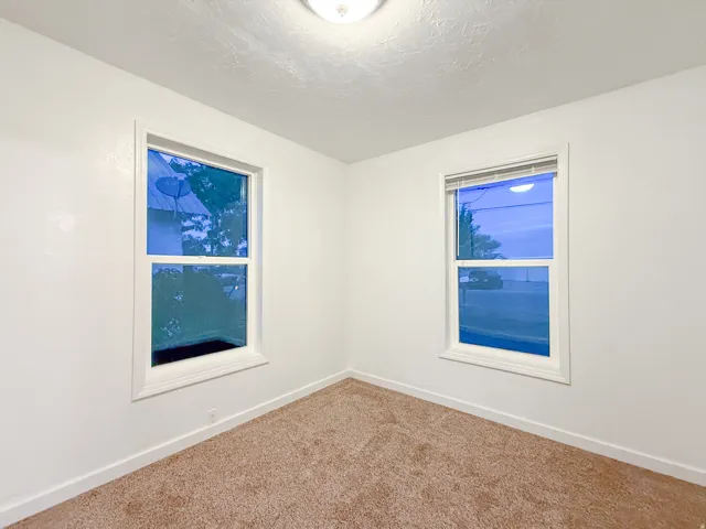 White walls, textured ceiling, two windows with white trim, and light brown carpeting