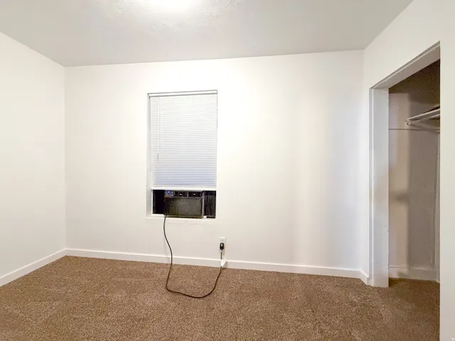 Neutral wall paint, window with blinds, carpet flooring, wall-mounted light fixture, built-in closet with hanging rod
