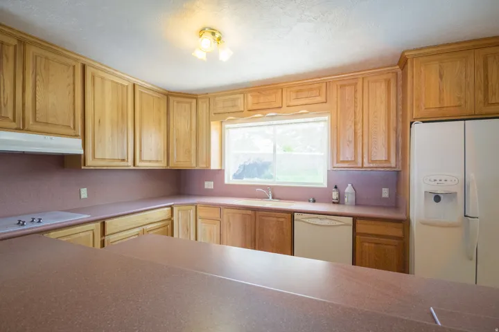 Kitchen featuring extensive wood cabinetry, solid surface countertops, and a built-in dishwasher