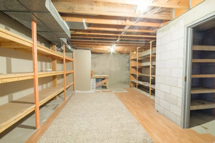 Exposed wood ceiling joists, concrete block wall construction, wood-finish flooring, and built-in wood shelving units