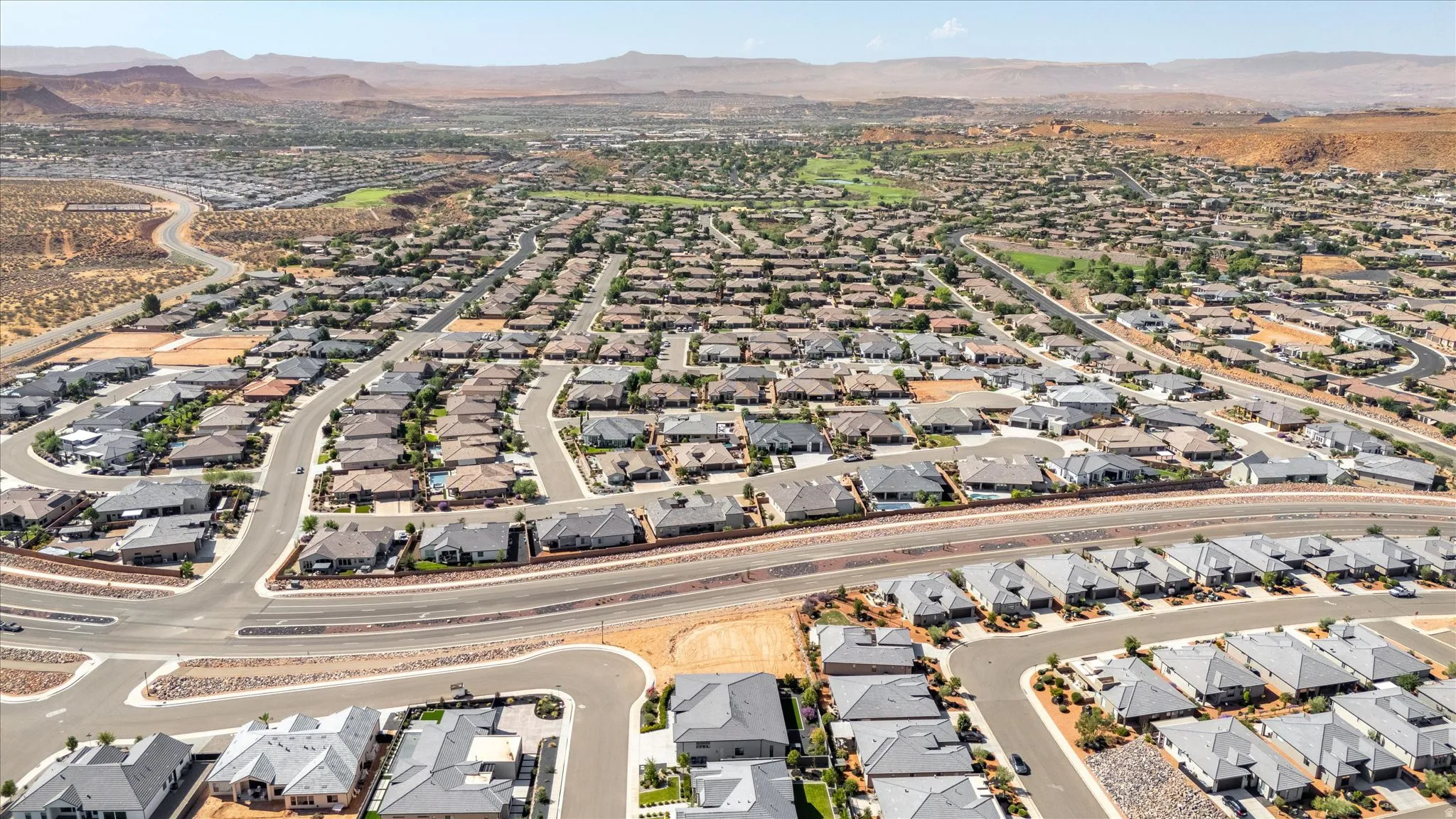 Extensive residential development with varied rooflines and architectural styles