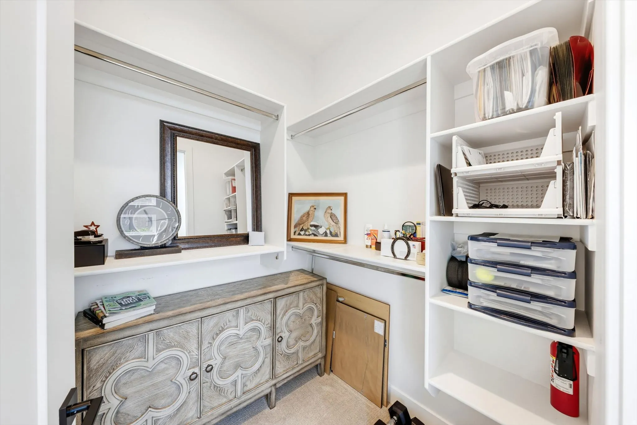 Built-in shelving, hanging rods, and a dedicated storage cabinet with decorative doors