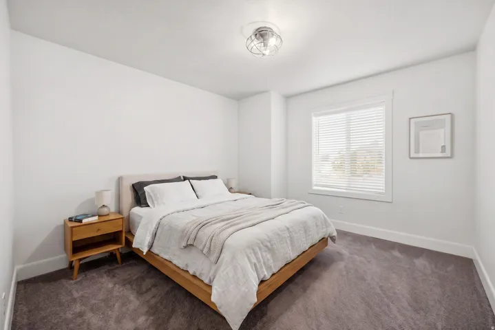 Recessed window with blinds, overhead semi-flush mount lighting, and gray carpeting