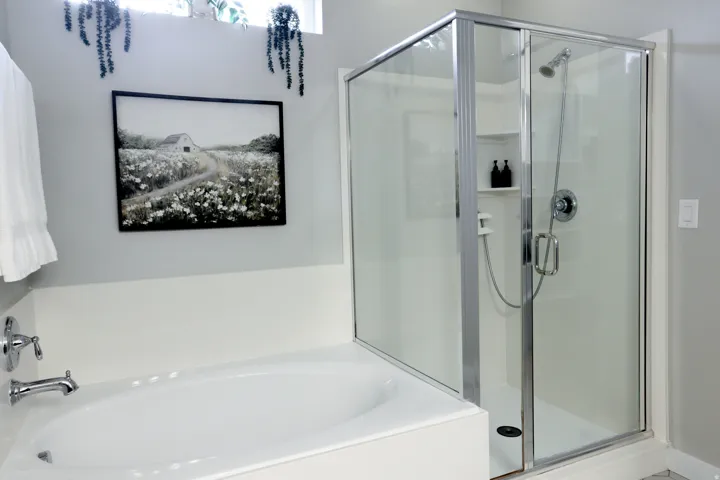 Built-in soaking tub with chrome fixtures