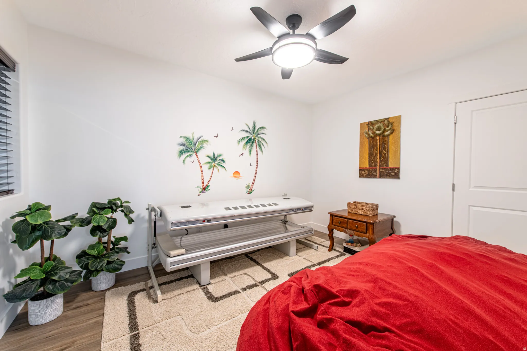 Integrated ceiling fan with light, wood-finish flooring, and white interior door
