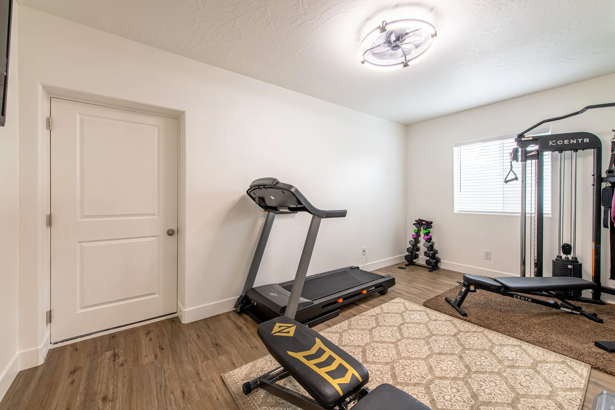 Wood-finish flooring with white baseboards, a two-panel interior door, and a ceiling-mounted light fixture