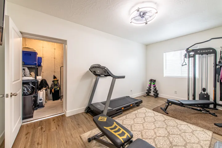 Wood-finish flooring, white walls, and a ceiling-mounted light fixture